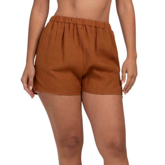 VITAMIN A Cocoa Brown Linen Tallows Cover-up Shorts - Picture 1 of 2